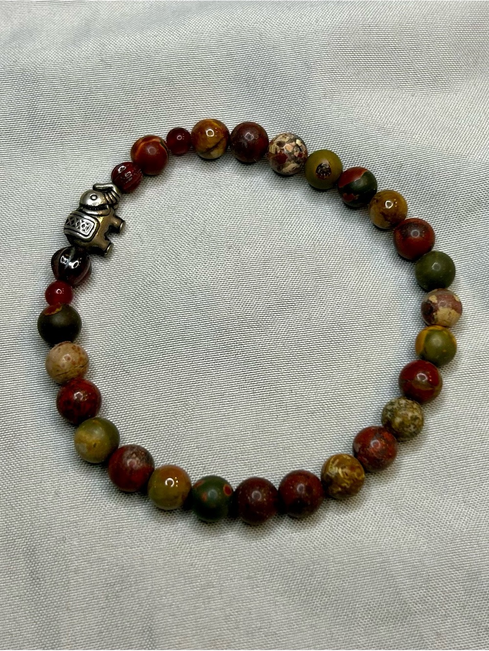 Multicolor Jasper Beaded Stretch Bracelet with Silver Elephant Charm